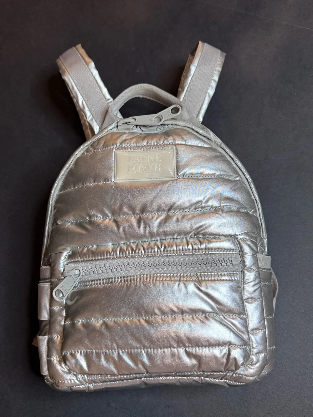 Dagne Dover Silver Quilted Mini Backpack Metallic Lightweight Travel Bag